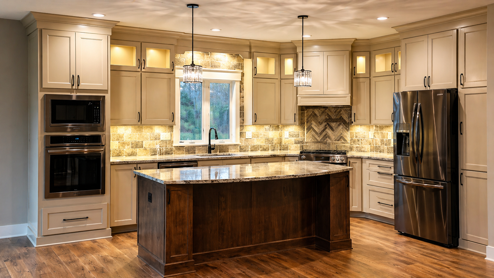 A renovated kitchen with marble countertops and brass hardware